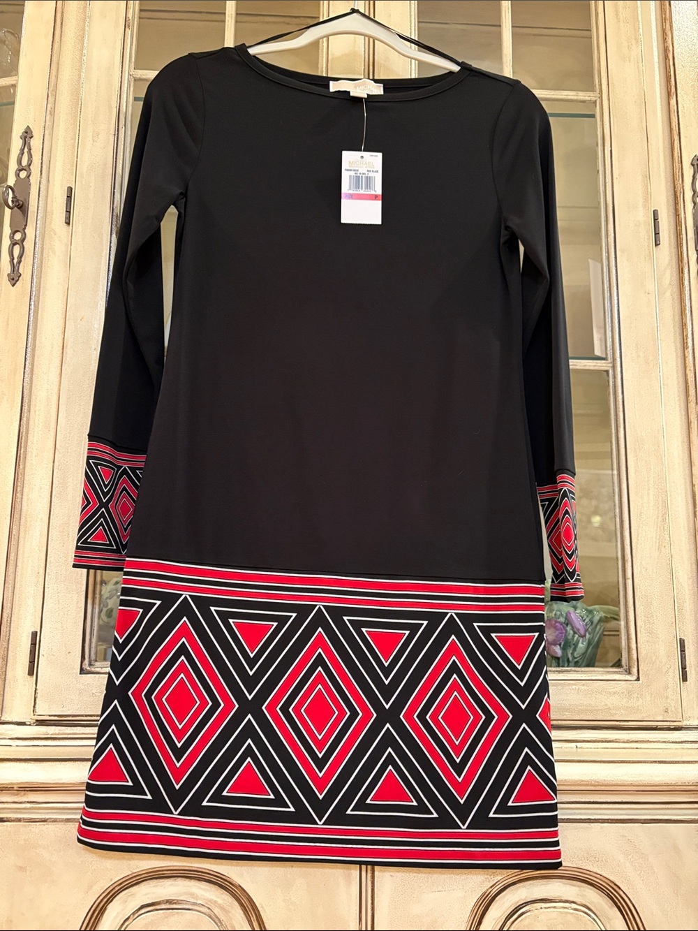 NWT Michael Kors Black Shift Dress with Red & White Geometric Hem